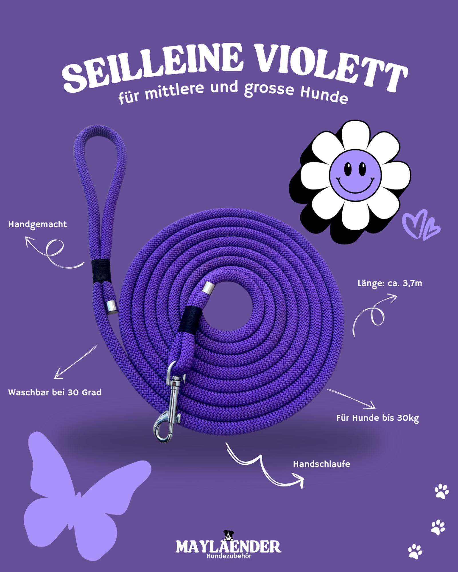 Seilleine VIOLETT 3.7m (mittlere & grosse Hunde)